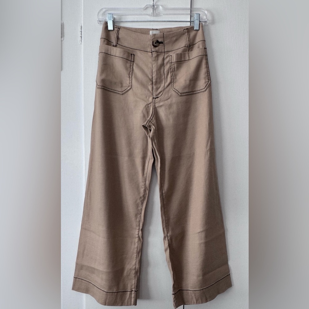 Anthropologie - the Colette - Tan Cropped Contrast stitch linen pant  - 25
